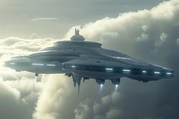 Poster Außerirdisches Raumschiff: Illustration eines UFOs in geheimer Mission im Weltraum © Seegraphie