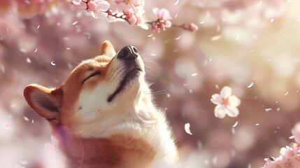 Pies Shiba Inu delektuje się zapachem wiosennych kwiatów latających wokół niego otaczając go.  - obrazy, fototapety, plakaty