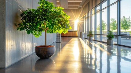 Sun streams through a sleek modern bank lobby illuminating polished concrete floors and a vibrant green money tree.