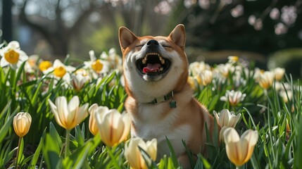 Shiba Inu siedzący w środku obszaru porośniętego kwiatami wiosennymi. Zwierzę wydaje się cieszyć otoczeniem naturalnym. Ma radosną minę z otwartą buzią i zamkniętymi oczami.
