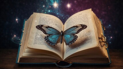 image of open antique book on wooden table with glitter overlay