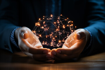Hand touching the digital data network with his fingers with the black background.