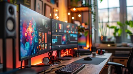 A creative workspace setup with dual monitors, graphic tablet, and mood board, highlighting the blend of technology and design in a home environment