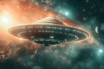 Behangcirkel Außerirdisches Raumschiff: Illustration eines UFOs in geheimer Mission im Weltraum © Seegraphie