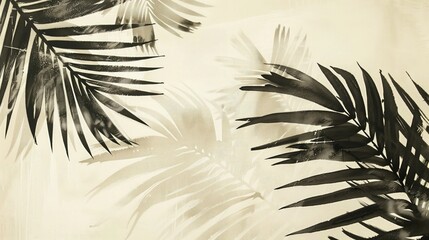 Czarno szare liście palmowe na tle białego papieru. Liście są w różnych kształtach i rozmiarach, tworząc interesujący wzór. Obraz prezentuje delikatne detale liści z lekko wyblakłym atramentem - obrazy, fototapety, plakaty