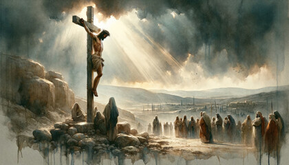 A watercolor depiction of Christ's crucifixion set against a somber sky with piercing rays of light symbolizing hope and redemption. Christianity concept.