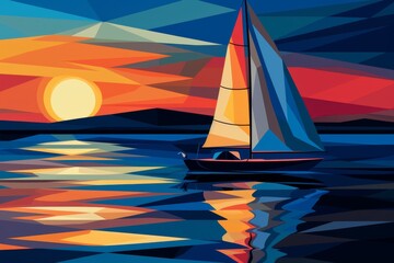 Bold graphic illustration of red and white mountain, boats on water in northwest school style poster - obrazy, fototapety, plakaty