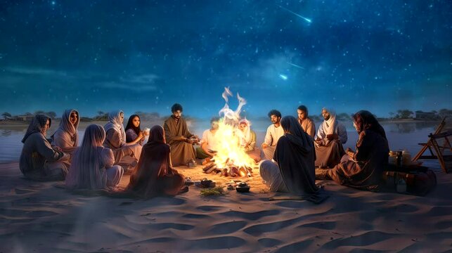a captivating scene of a beach bonfire surrounded by friends and family, sharing stories and breaking fast during the tranquil Ramadan night. seamless looping time-lapse virtual 4k video animation