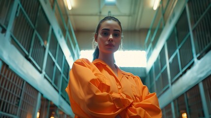 Kobieta w pomarańczowym ubraniu stoi w korytarzu więziennej w jasny dzień. Otoczenie jest surowe z kratami i betonowymi ścianami. Ma zamkniętą postawę - obrazy, fototapety, plakaty