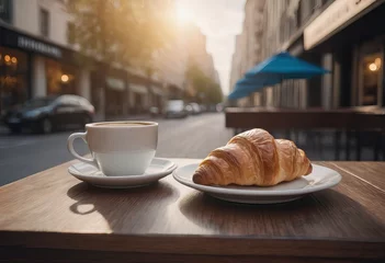 Aluminium Prints Coffee bar a portion of delicious croissants and a cup of coffee on the table
