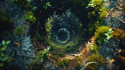 Tunel w lesie zrobiony przez naturę z kamienia, wypełniony gęstą roślinnością, głównie zielonymi liśćmi i roślinami, tworzący zwartą przestrzeń wiosennego krajobrazu. - obrazy, fototapety, plakaty