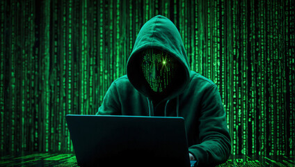 hooded hacker on green code background breaks into Government Data Servers and Infects Their System with a Virus. His Hideout Place has Dark Atmosphere, digital data green matrix.