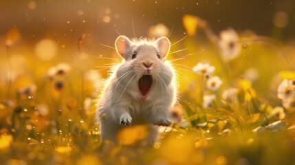 Biały szczur skacze radośnie z otwartą paszczą wśród żółtych kwiatów mniszka. Scena jesiennego szaleństwa i zabawy. - obrazy, fototapety, plakaty