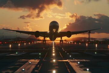 Flugzeug im Sonnenaufgang: Spektakuläre Luftaufnahme eines startenden Flugzeugs während des Morgendämmers - obrazy, fototapety, plakaty