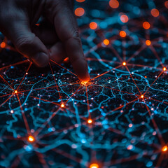 Hand touching the digital data network with his fingers with the black background.