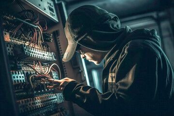 Technician Concentrating on Electrical Panel Wiring - obrazy, fototapety, plakaty