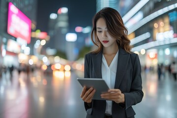 Urban professional focused on tablet, neon cityscape backdrop, stands in stark contrast with soft light illuminating her features. Concentrated on digital device, amidst radiant city night