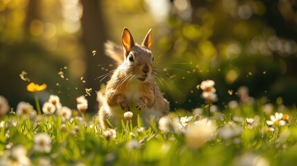 Wiewiórka stoi na polu pełnym kwiatów wiosną. Zwierzę wydaje się cieszyć wolnością i radością z ładnej pogody.