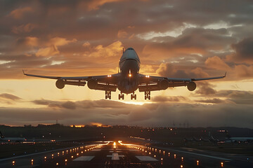 Flugzeug im Sonnenaufgang: Spektakuläre Luftaufnahme eines startenden Flugzeugs während des Morgendämmers - obrazy, fototapety, plakaty