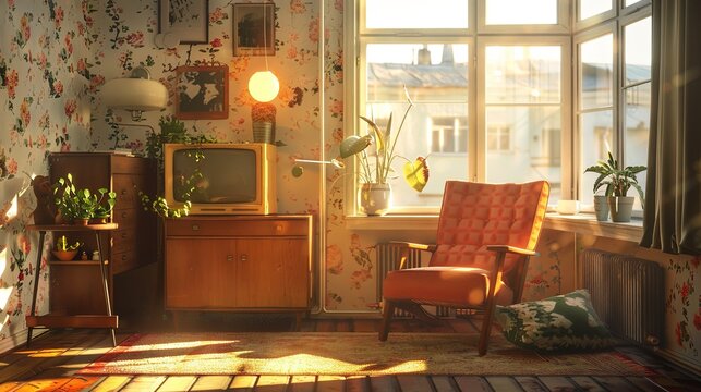 Retro home interior with sun lights from the window, vintage room