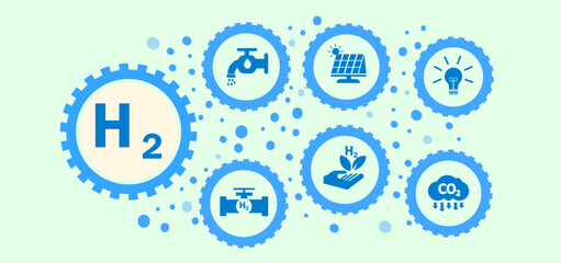 Blue hydrogen fuel production icon H2 water hydrogen Solar energy, wind turbines and various blue icons - obrazy, fototapety, plakaty