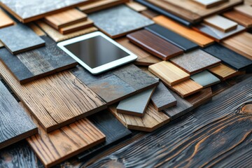 Creative meeting of interior design team, digital tablets and material samples on table, Sleek tablet amidst an array of wood and finish samples on a table, signifying choices in interior design