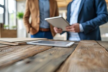 Creative meeting of interior design team, digital tablets and material samples on table, Wooden table foreground frames two professionals consulting a digital tablet amidst modern office decor