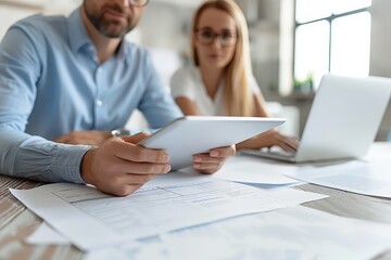 Creative meeting of interior design team, digital tablets and material samples on table, Close-up of a workspace with focused experts reviewing digital content on a tablet, next to open laptop