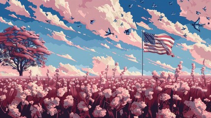 W malowidle widzimy flagę amerykańską rozpostartą na tle pola różowych kwiatów. Jest to nawiązanie do patriotycznej tematyki. - obrazy, fototapety, plakaty