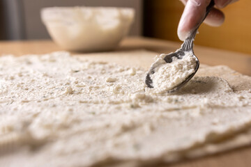 A layer of cheese filling is placed on the unfolded pita bread. Preparation of pita bread roll. © Vasyl