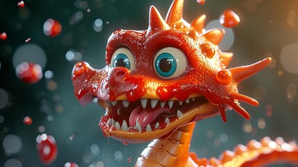 Funny red dragon covered in ketchup splatters, smiling  - obrazy, fototapety, plakaty