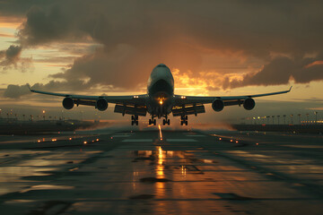 Fototapeta na wymiar Flugzeug im Sonnenaufgang: Spektakuläre Luftaufnahme eines startenden Flugzeugs während des Morgendämmers