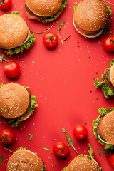 Top view of burgers for food background with empty space for text, Generative AI.