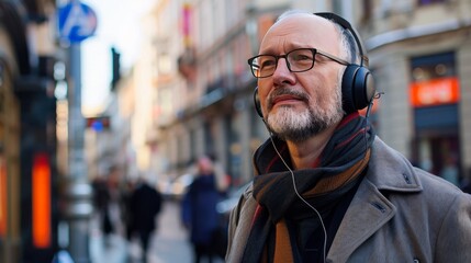 Mature businessman with headphones in a city.
