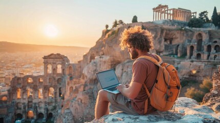 A digital nomad blogging from ancient ruins, using technology to share stories and insights about global heritage with a modern twist - obrazy, fototapety, plakaty