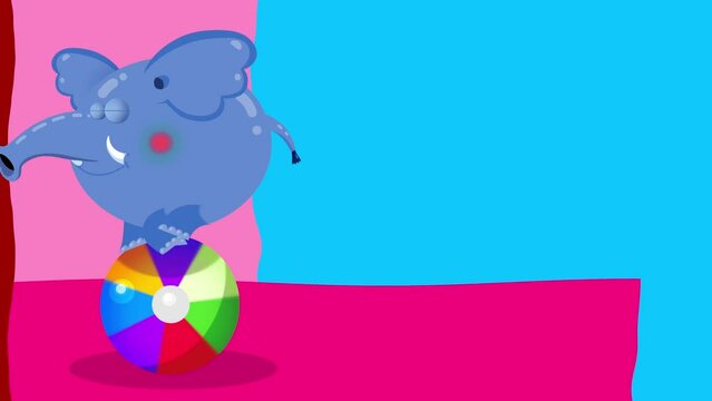 Cartoon character circus elephant on a color ball animation outro. Animal good for education, fairy tales, illustration, etc... Cute blank frame included, seamless loop. 