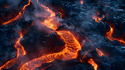 Nighttime River of Lava with Billowing Smoke - obrazy, fototapety, plakaty
