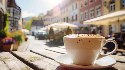 Poster Cup of coffee on cafe table and city town street wallpaper background © Irina