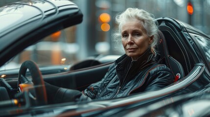 An elderly woman driving a sports car, a photo portrait of a nice lady in fashionable clothes. Old drivers in the spotlight, retirement concept - obrazy, fototapety, plakaty