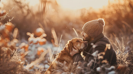 Fototapeta premium Joyful Family Bonding with Their Beloved Dog in Nature