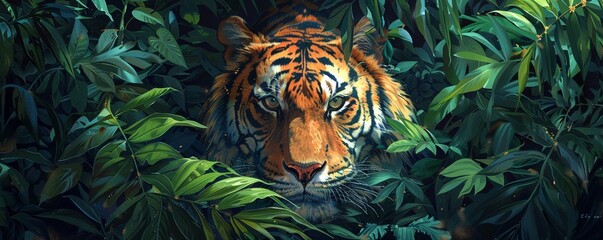  Tiger, Green Leaves, Majestic predator, Roaming vast, lush jungles now combined into one Realistic, Jungle lighting, Warm sunlight