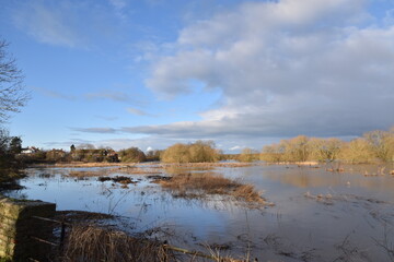 the flooded landscape at Pershore at the beginning of the year 2024