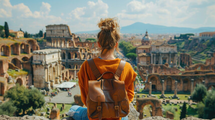 A digital nomad blogging from ancient ruins, using technology to share stories and insights about global heritage with a modern twist