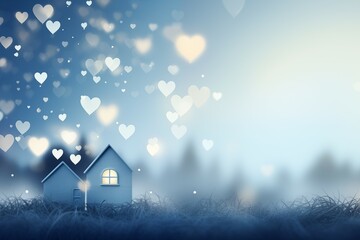 Card template cute house on blurred soft blue and white color heart background for cute and relax design - obrazy, fototapety, plakaty