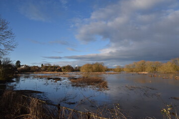 the flooded landscape at Pershore at the beginning of the year 2024