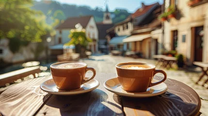 Foto op Plexiglas Cup of coffee on cafe table and city town street wallpaper background © Irina