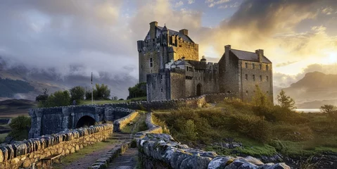 Papier Peint photo Vieil immeuble an ancient medieval castle standing tall against the soft, golden light of early morning