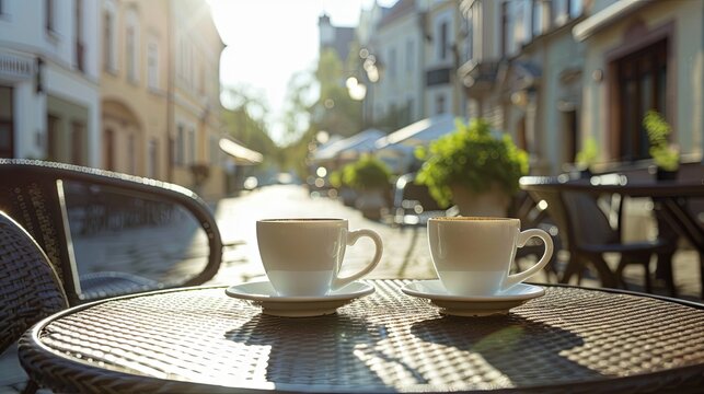 Cup of coffee on cafe table and city town street wallpaper background