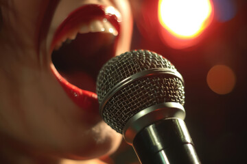 Closeup of a woman singing in a vintage microphone - 760644098