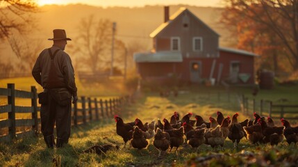 Smiling farmer with chicken, healthy lifestyle and organic farming concept - obrazy, fototapety, plakaty